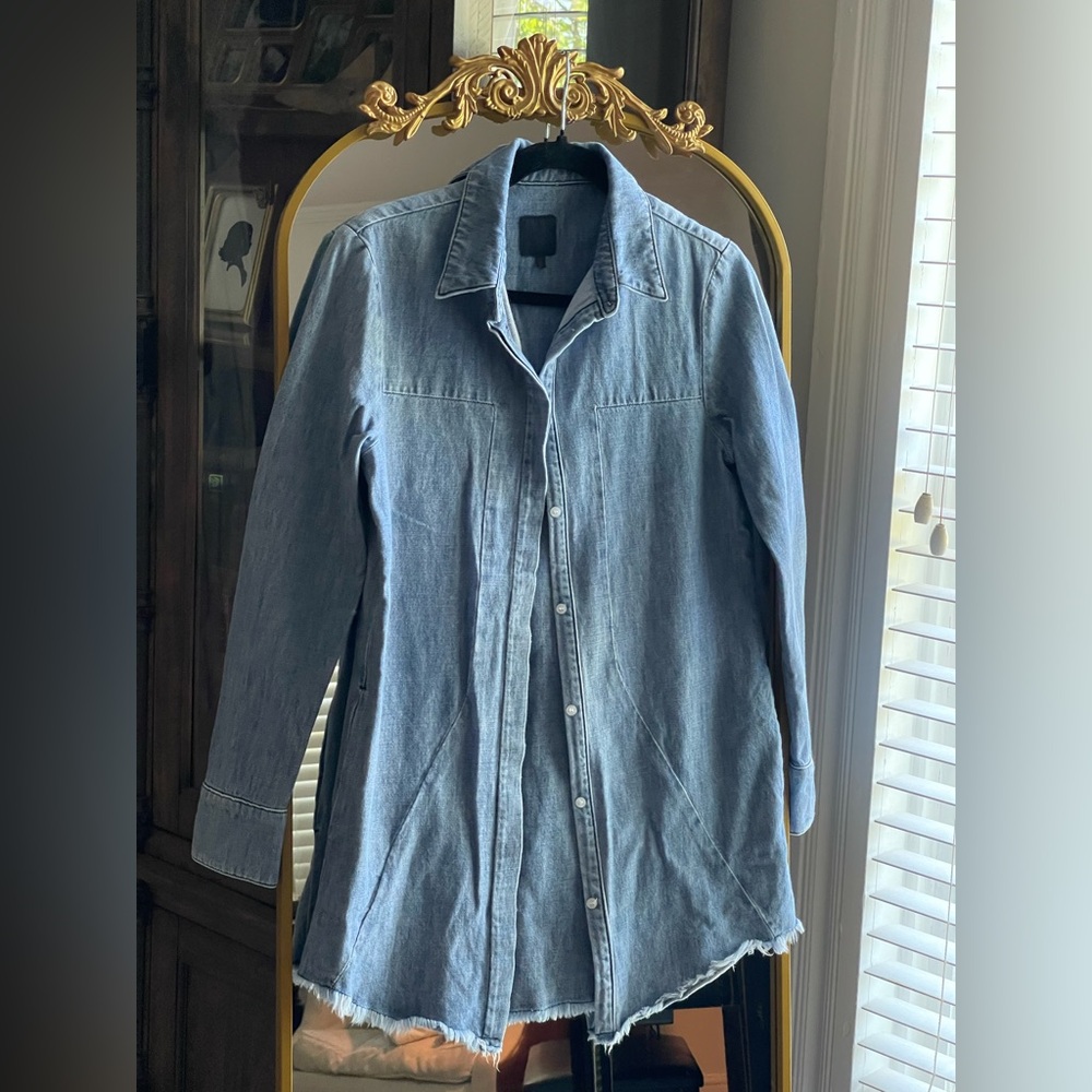 RtA Genevieve Denim Button-Front Shirt Raw Hem Mini Dress with Pockets